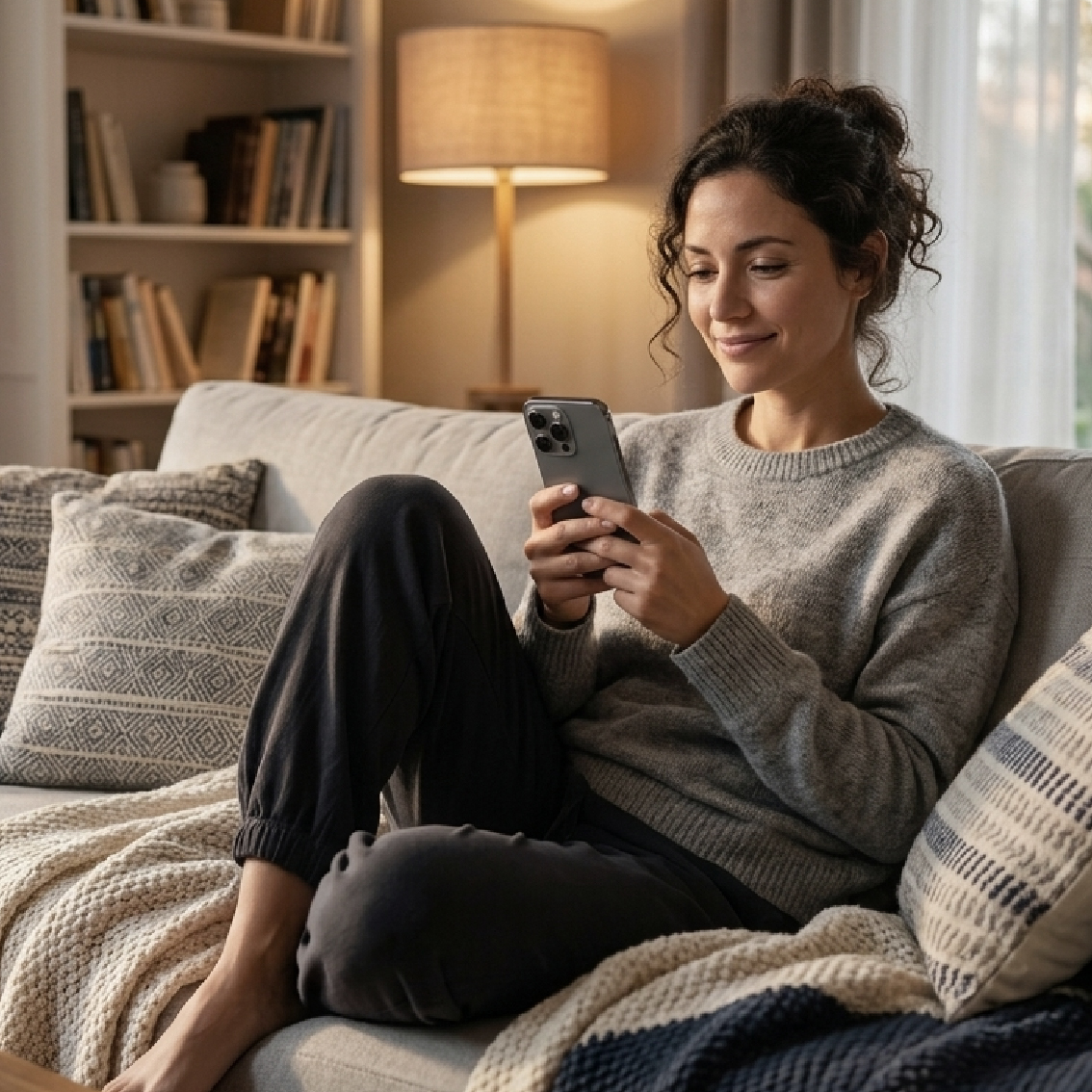 Person relaxing on a couch using their phone